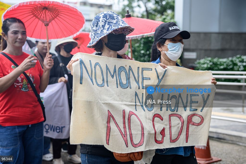 BANGKOK, THAILAND, SEPTEMBER 24, 2026: Sex workers’ rights activists demonstrate at the Ministry of Social Development and Human Security in Bangkok, calling for legislation to decriminalize sex work and provide labor protections. Thailand’s 1996 Prevention and Suppression of Prostitution Act criminalizes sex work, while rights groups are campaigning for legal recognition and access to labor and social protections. Photo by Watsawat Koktabtim / JNA Press. (Photo by Watsawat Koktabtim/JNA Press via Nexpher Images)