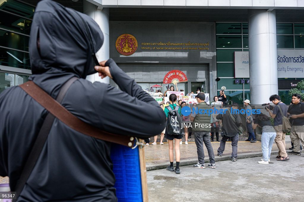 BANGKOK, THAILAND, SEPTEMBER 24, 2026: Sex workers’ rights activists demonstrate at the Ministry of Social Development and Human Security in Bangkok, calling for legislation to decriminalize sex work and provide labor protections. Thailand’s 1996 Prevention and Suppression of Prostitution Act criminalizes sex work, while rights groups are campaigning for legal recognition and access to labor and social protections. Photo by Watsawat Koktabtim / JNA Press. (Photo by Watsawat Koktabtim/JNA Press via Nexpher Images)