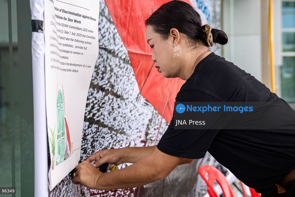 BANGKOK, THAILAND, SEPTEMBER 24, 2026: Sex workers’ rights activists demonstrate at the Ministry of Social Development and Human Security in Bangkok, calling for legislation to decriminalize sex work and provide labor protections. Thailand’s 1996 Prevention and Suppression of Prostitution Act criminalizes sex work, while rights groups are campaigning for legal recognition and access to labor and social protections. Photo by Watsawat Koktabtim / JNA Press. (Photo by Watsawat Koktabtim/JNA Press via Nexpher Images)