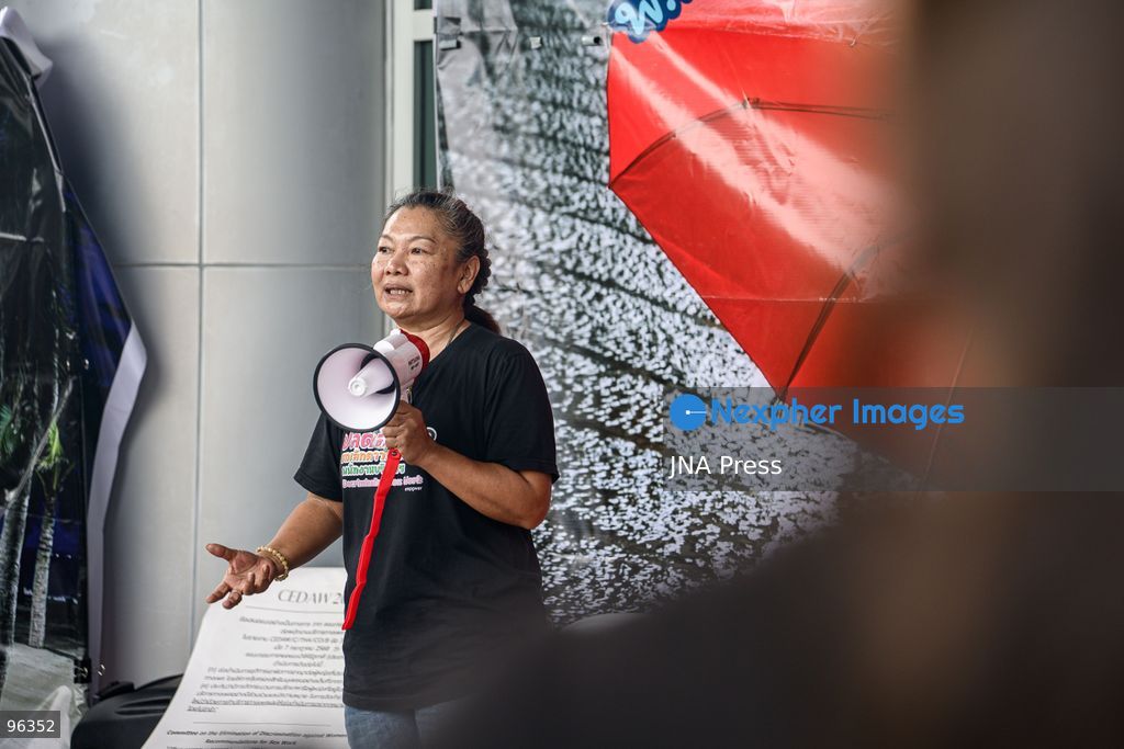 BANGKOK, THAILAND, SEPTEMBER 24, 2026: Sex workers’ rights activists demonstrate at the Ministry of Social Development and Human Security in Bangkok, calling for legislation to decriminalize sex work and provide labor protections. Thailand’s 1996 Prevention and Suppression of Prostitution Act criminalizes sex work, while rights groups are campaigning for legal recognition and access to labor and social protections. Photo by Watsawat Koktabtim / JNA Press. (Photo by Watsawat Koktabtim/JNA Press via Nexpher Images)
