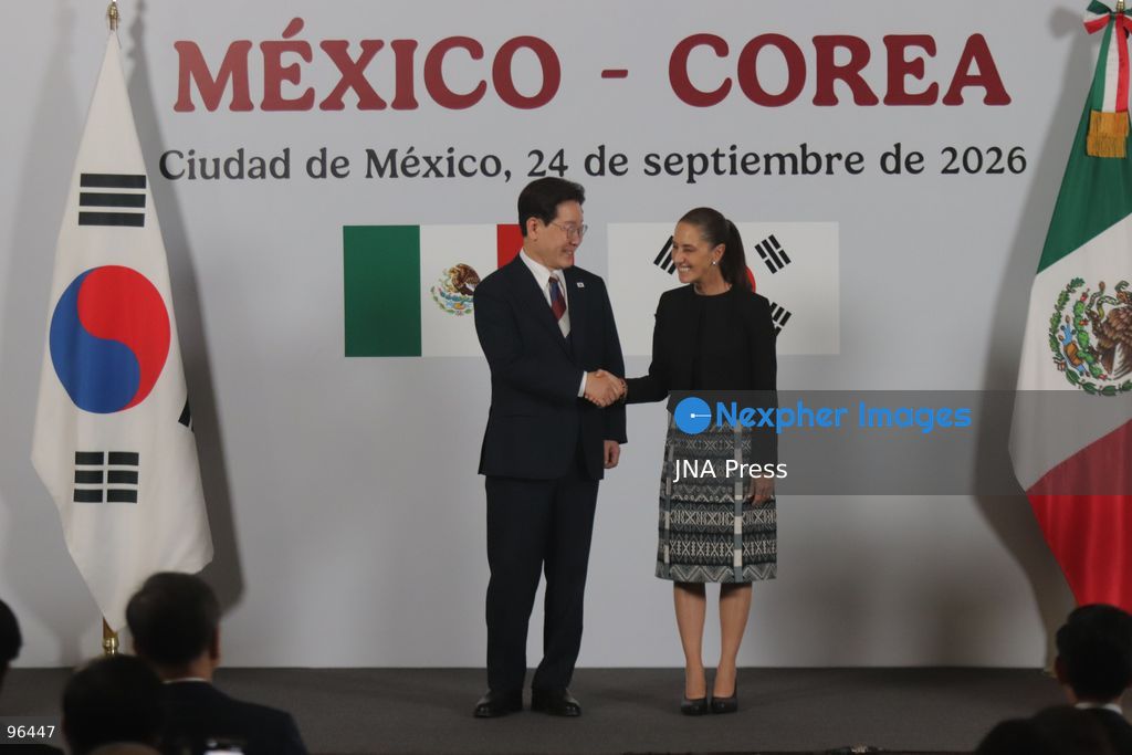 MEXICO CITY, MEXICO, SEPTEMBER 24, 2026: Mexican President Claudia Sheinbaum and South Korean President Lee Jae-myung speak during a joint press conference in the Treasury Room of the National Palace in Mexico City following bilateral talks during Lee’s state visit to Mexico. Photo by Carlos Santiago / JNA Press. (Photo by Carlos Santiago/JNA Press via Nexpher Images)