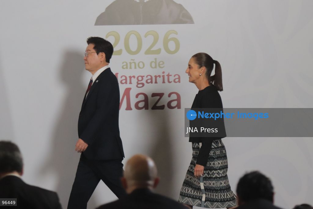 MEXICO CITY, MEXICO, SEPTEMBER 24, 2026: Mexican President Claudia Sheinbaum and South Korean President Lee Jae-myung speak during a joint press conference in the Treasury Room of the National Palace in Mexico City following bilateral talks during Lee’s state visit to Mexico. Photo by Carlos Santiago / JNA Press. (Photo by Carlos Santiago/JNA Press via Nexpher Images)