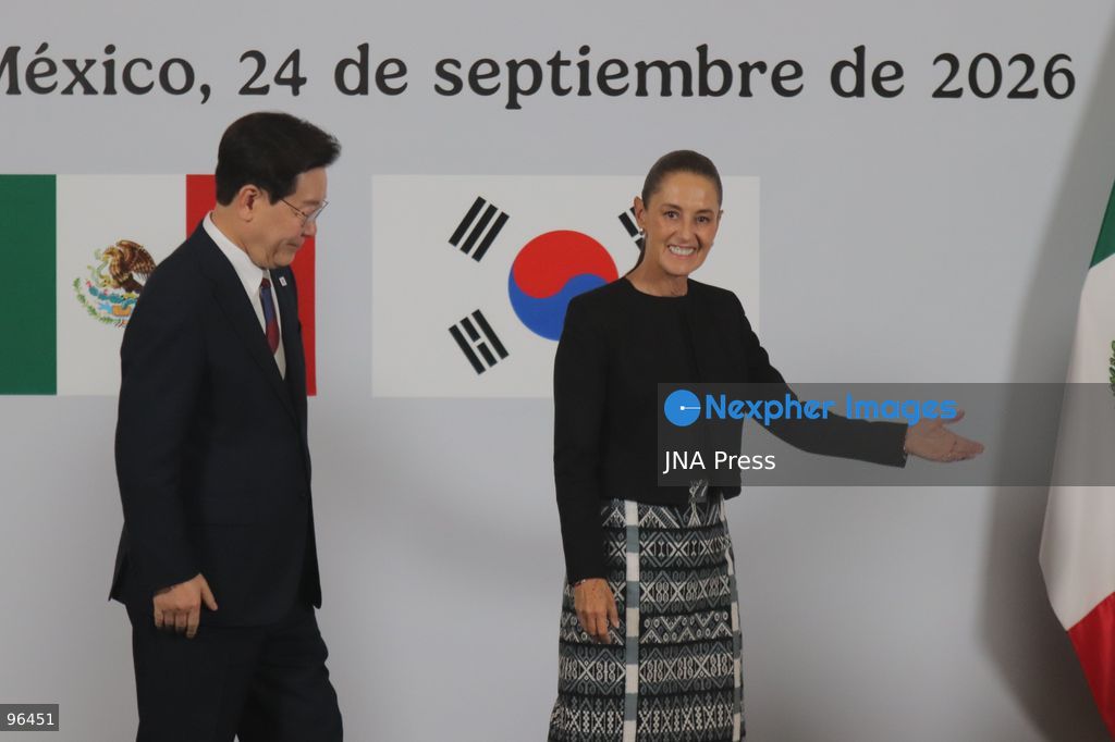 MEXICO CITY, MEXICO, SEPTEMBER 24, 2026: Mexican President Claudia Sheinbaum and South Korean President Lee Jae-myung speak during a joint press conference in the Treasury Room of the National Palace in Mexico City following bilateral talks during Lee’s state visit to Mexico. Photo by Carlos Santiago / JNA Press. (Photo by Carlos Santiago/JNA Press via Nexpher Images)