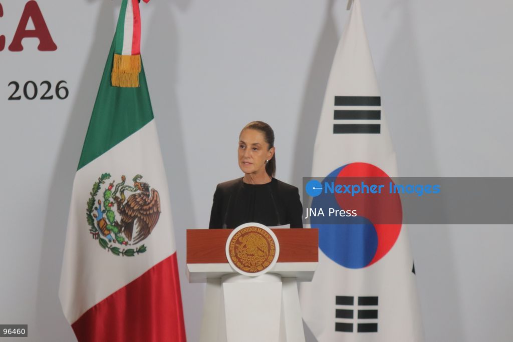 MEXICO CITY, MEXICO, SEPTEMBER 24, 2026: Mexican President Claudia Sheinbaum and South Korean President Lee Jae-myung speak during a joint press conference in the Treasury Room of the National Palace in Mexico City following bilateral talks during Lee’s state visit to Mexico. Photo by Carlos Santiago / JNA Press. (Photo by Carlos Santiago/JNA Press via Nexpher Images)