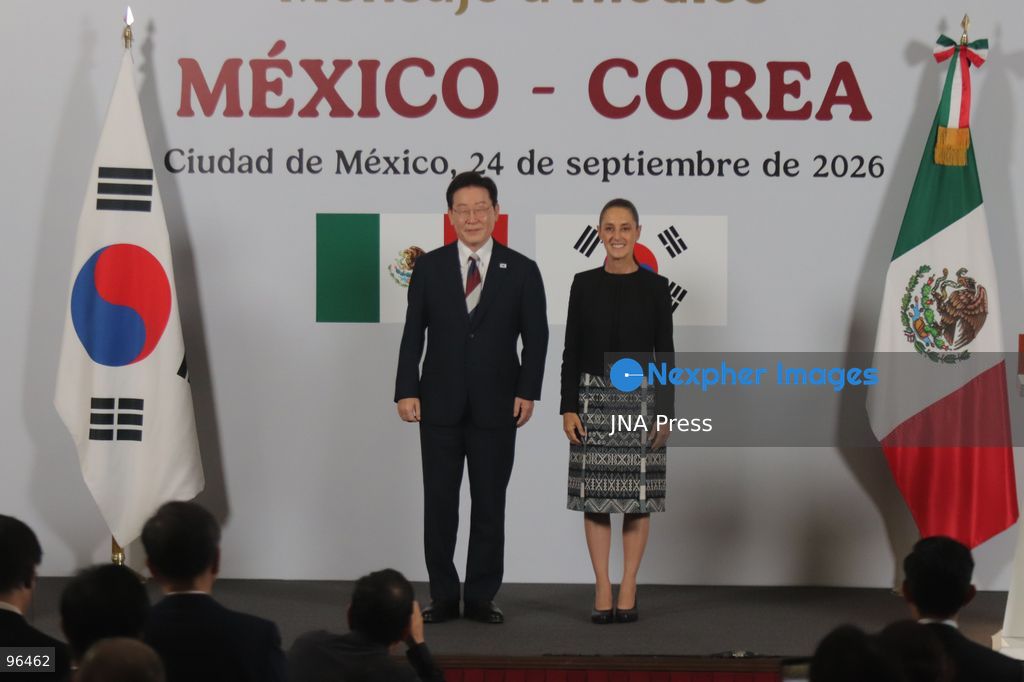 MEXICO CITY, MEXICO, SEPTEMBER 24, 2026: Mexican President Claudia Sheinbaum and South Korean President Lee Jae-myung speak during a joint press conference in the Treasury Room of the National Palace in Mexico City following bilateral talks during Lee’s state visit to Mexico. Photo by Carlos Santiago / JNA Press. (Photo by Carlos Santiago/JNA Press via Nexpher Images)