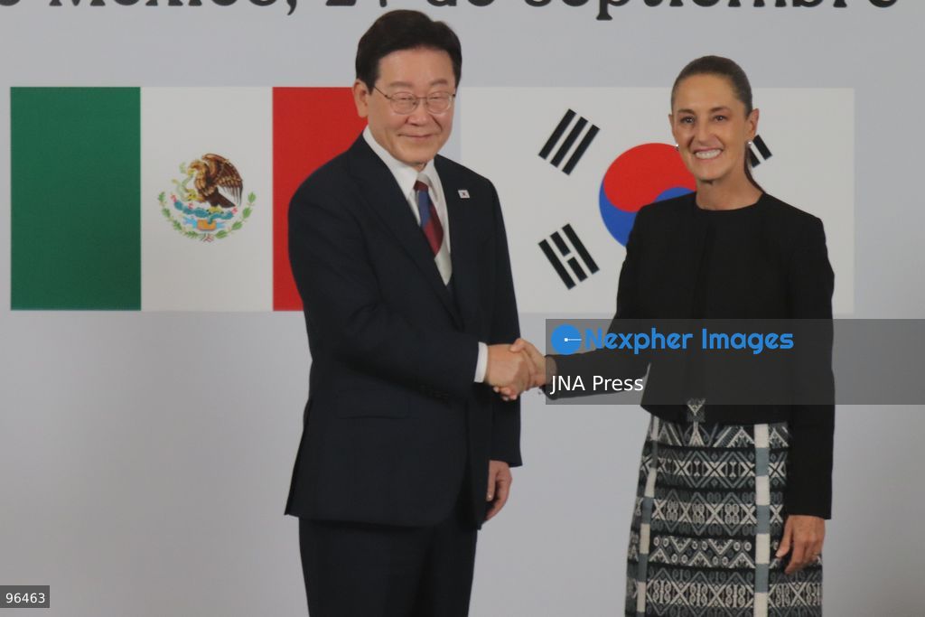 MEXICO CITY, MEXICO, SEPTEMBER 24, 2026: Mexican President Claudia Sheinbaum and South Korean President Lee Jae-myung speak during a joint press conference in the Treasury Room of the National Palace in Mexico City following bilateral talks during Lee’s state visit to Mexico. Photo by Carlos Santiago / JNA Press. (Photo by Carlos Santiago/JNA Press via Nexpher Images)