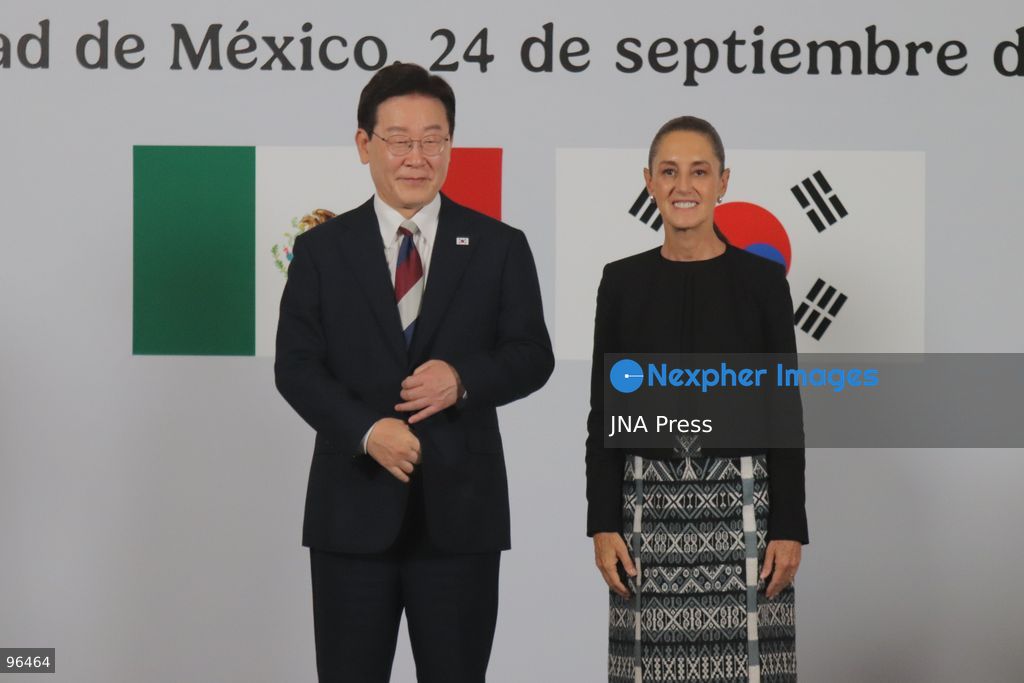 MEXICO CITY, MEXICO, SEPTEMBER 24, 2026: Mexican President Claudia Sheinbaum and South Korean President Lee Jae-myung speak during a joint press conference in the Treasury Room of the National Palace in Mexico City following bilateral talks during Lee’s state visit to Mexico. Photo by Carlos Santiago / JNA Press. (Photo by Carlos Santiago/JNA Press via Nexpher Images)