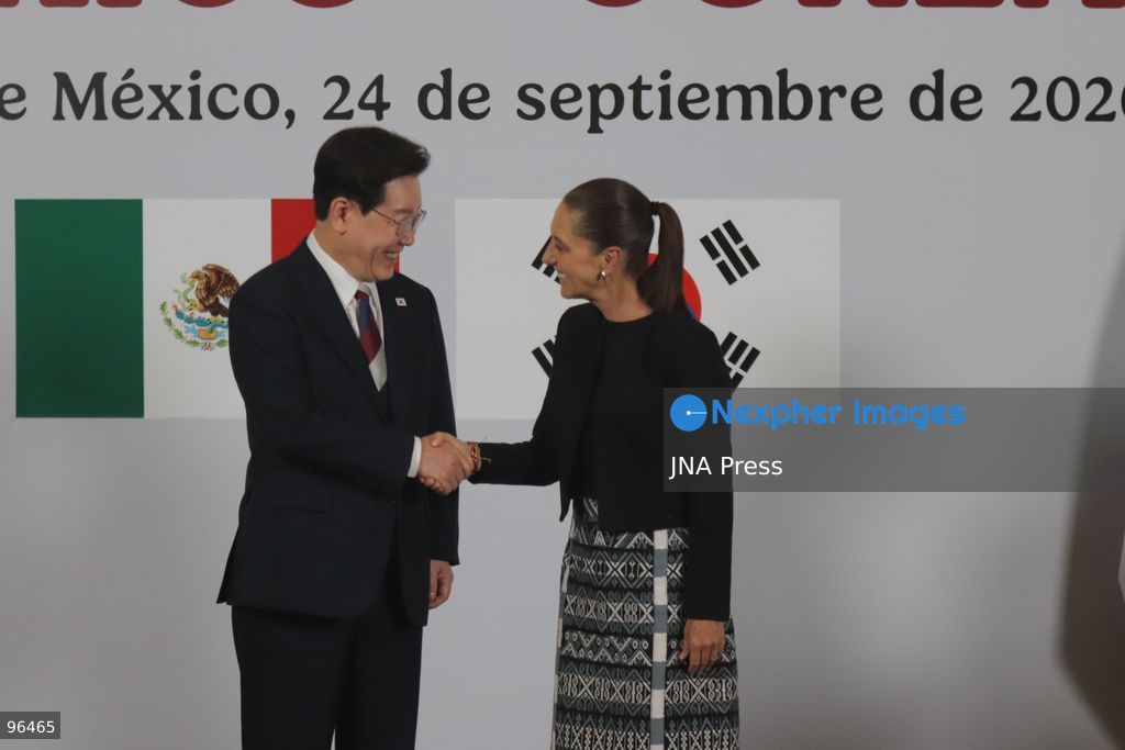 MEXICO CITY, MEXICO, SEPTEMBER 24, 2026: Mexican President Claudia Sheinbaum and South Korean President Lee Jae-myung speak during a joint press conference in the Treasury Room of the National Palace in Mexico City following bilateral talks during Lee’s state visit to Mexico. Photo by Carlos Santiago / JNA Press. (Photo by Carlos Santiago/JNA Press via Nexpher Images)