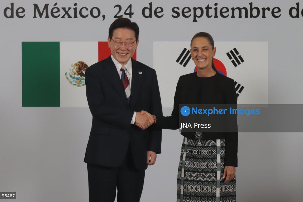 MEXICO CITY, MEXICO, SEPTEMBER 24, 2026: Mexican President Claudia Sheinbaum and South Korean President Lee Jae-myung speak during a joint press conference in the Treasury Room of the National Palace in Mexico City following bilateral talks during Lee’s state visit to Mexico. Photo by Carlos Santiago / JNA Press. (Photo by Carlos Santiago/JNA Press via Nexpher Images)