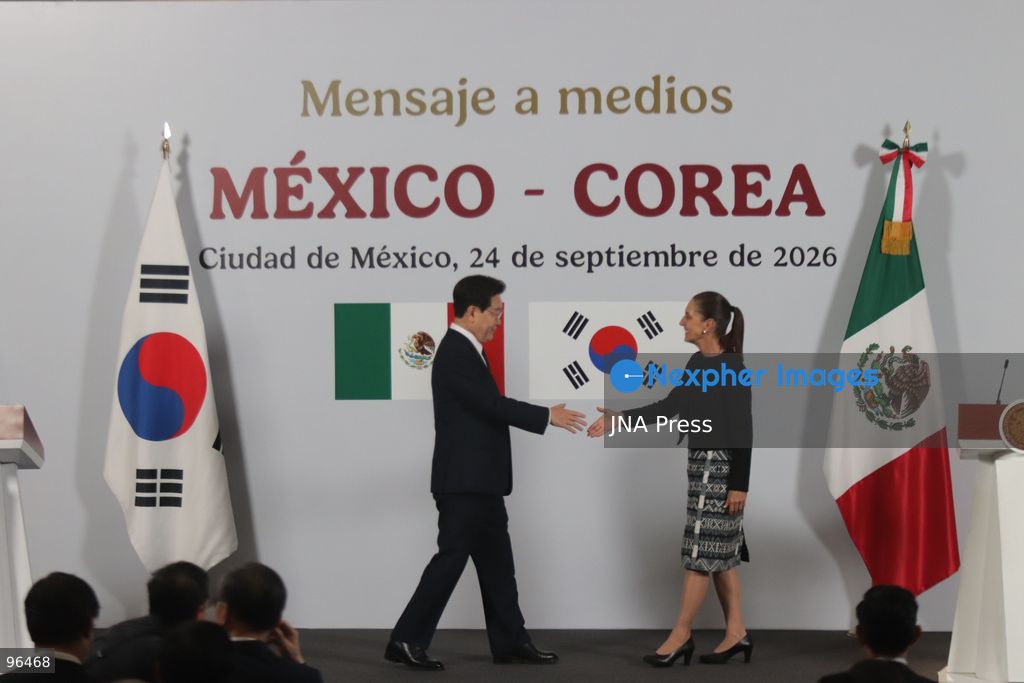 MEXICO CITY, MEXICO, SEPTEMBER 24, 2026: Mexican President Claudia Sheinbaum and South Korean President Lee Jae-myung speak during a joint press conference in the Treasury Room of the National Palace in Mexico City following bilateral talks during Lee’s state visit to Mexico. Photo by Carlos Santiago / JNA Press. (Photo by Carlos Santiago/JNA Press via Nexpher Images)