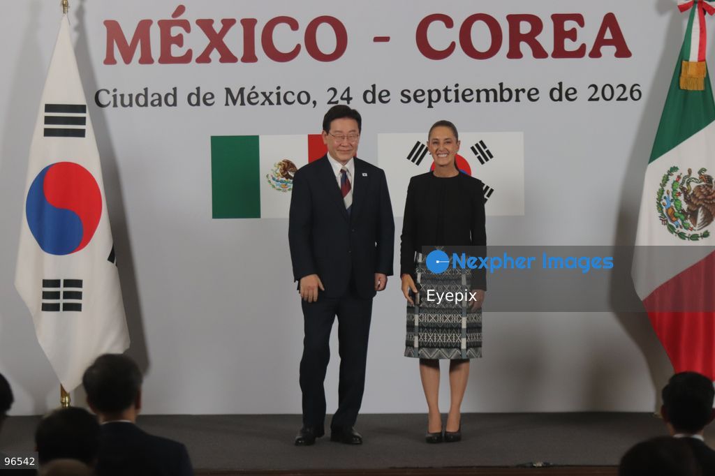 Mexico’s President Claudia Sheinbaum Pardo, greats South Korea President Lee Jae-myung after a news conference as part of the Lee Jae-myung official visit in Mexico at the National Palace. on September 24, 2026, in Mexico City, Mexico. (Photo by Carlos Santiago/ Eyepix Group) (Photo by Carlos Santiago/ Eyepix Group/Eyepix via Nexpher Images)