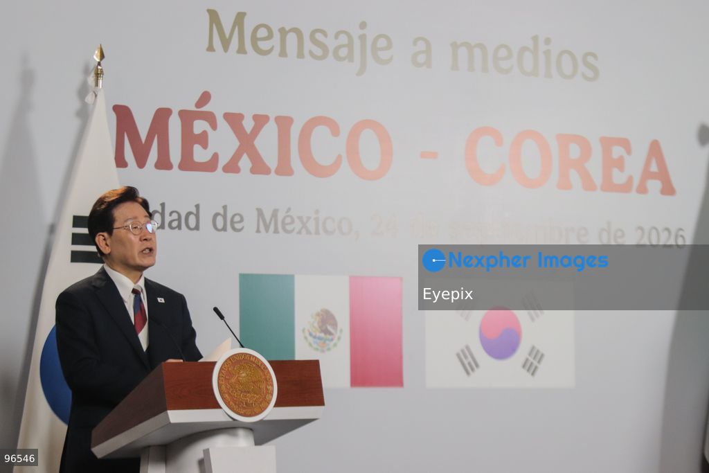 South Korea President Lee Jae-myung speaks during a news conference as part of his official visit in Mexico at the National Palace. on September 24, 2026, in Mexico City, Mexico. (Photo by Carlos Santiago/ Eyepix Group) (Photo by Carlos Santiago/ Eyepix Group/Eyepix via Nexpher Images)