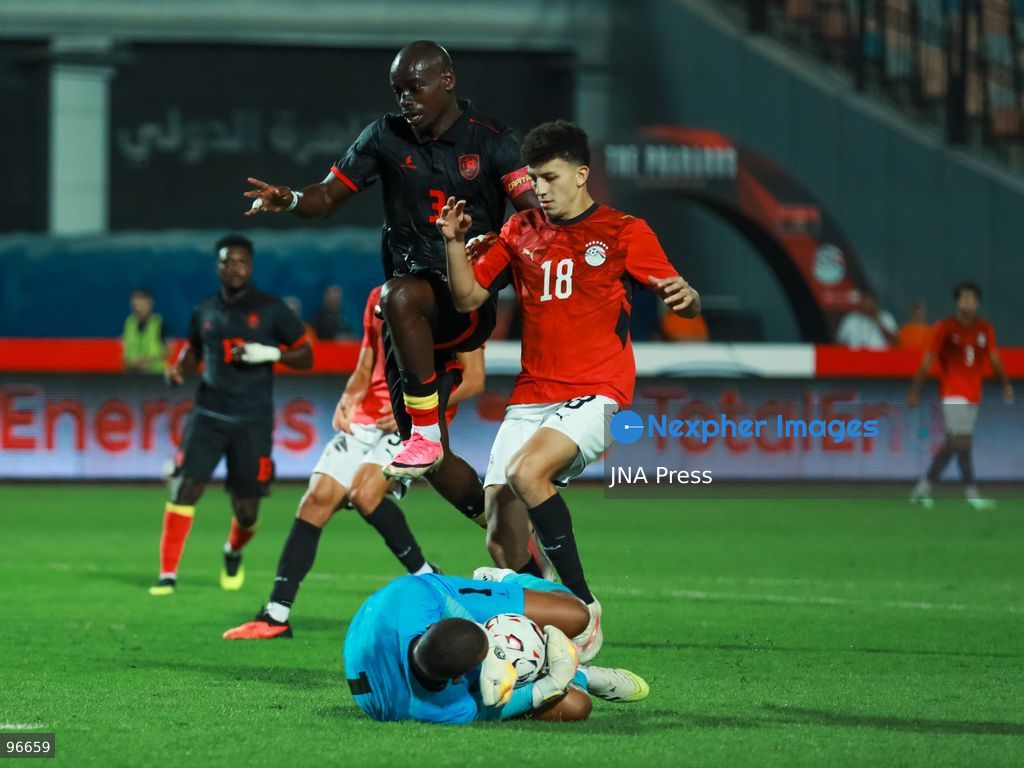 CAIRO, EGYPT, SEPTEMBER 25, 2026: Players from Egypt and Angola compete during their 2027 Africa Cup of Nations qualifying match at Cairo International Stadium in Cairo. Egypt and Angola opened their Group B qualifying campaigns with a 0-0 draw, earning one point each. Photo by Abdullah Hamada / JNA Press. (Photo by Abdullah Hamada/JNA Press via Nexpher Images)
