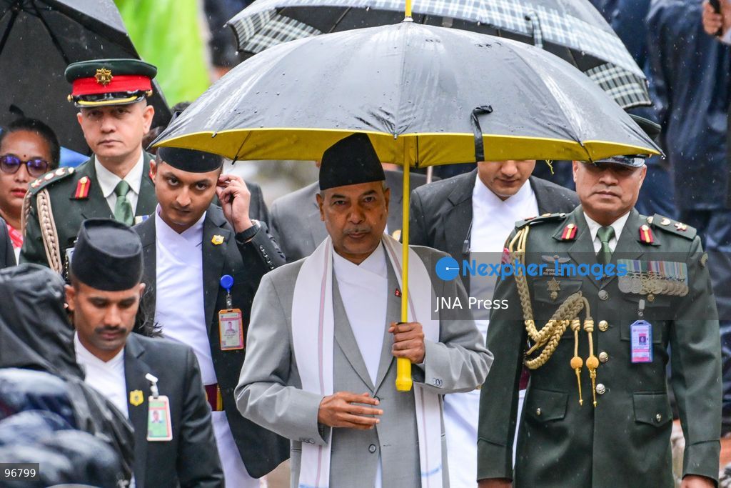 KATHMANDU, NEPAL, SEPTEMBER 25, 2026: Nepalese President Ram Chandra Paudel attends the main Indra Jatra celebrations at Hanuman Dhoka Durbar Square in Kathmandu as ceremonial chariots carrying the Living Goddess Kumari and the deities Ganesh and Bhairav begin their procession through the historic city. Vice President Ram Sahaya Prasad Yadav, Acting Prime Minister and Finance Minister Swarnim Wagle, Speaker Dol Prasad Aryal, National Assembly Chair Narayan Prasad Dahal, Chief Justice Manoj Kumar Sharma and other senior officials also attended the celebrations. Indra Jatra is one of Kathmandu Valley’s major religious and cultural festivals and features chariot processions, traditional dances and rituals associated with the Newar community. Photo by Safal Prakash Shrestha / JNA Press. (Photo by Safal Prakash Shrestha/JNA Press via Nexpher Images)
