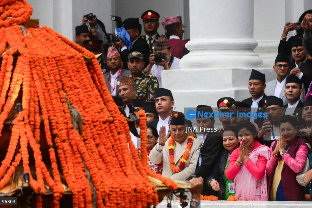 KATHMANDU, NEPAL, SEPTEMBER 25, 2026: Nepalese President Ram Chandra Paudel attends the main Indra Jatra celebrations at Hanuman Dhoka Durbar Square in Kathmandu as ceremonial chariots carrying the Living Goddess Kumari and the deities Ganesh and Bhairav begin their procession through the historic city. Vice President Ram Sahaya Prasad Yadav, Acting Prime Minister and Finance Minister Swarnim Wagle, Speaker Dol Prasad Aryal, National Assembly Chair Narayan Prasad Dahal, Chief Justice Manoj Kumar Sharma and other senior officials also attended the celebrations. Indra Jatra is one of Kathmandu Valley’s major religious and cultural festivals and features chariot processions, traditional dances and rituals associated with the Newar community. Photo by Safal Prakash Shrestha / JNA Press. (Photo by Safal Prakash Shrestha/JNA Press via Nexpher Images)