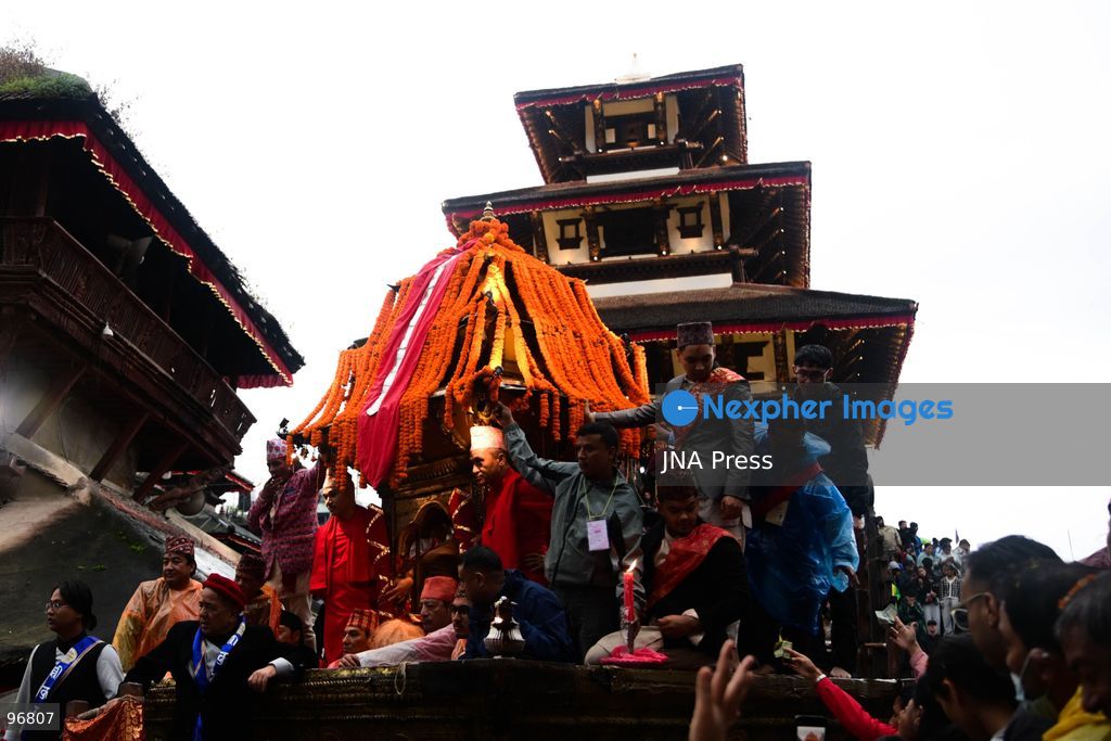 KATHMANDU, NEPAL, SEPTEMBER 25, 2026: Nepalese President Ram Chandra Paudel attends the main Indra Jatra celebrations at Hanuman Dhoka Durbar Square in Kathmandu as ceremonial chariots carrying the Living Goddess Kumari and the deities Ganesh and Bhairav begin their procession through the historic city. Vice President Ram Sahaya Prasad Yadav, Acting Prime Minister and Finance Minister Swarnim Wagle, Speaker Dol Prasad Aryal, National Assembly Chair Narayan Prasad Dahal, Chief Justice Manoj Kumar Sharma and other senior officials also attended the celebrations. Indra Jatra is one of Kathmandu Valley’s major religious and cultural festivals and features chariot processions, traditional dances and rituals associated with the Newar community. Photo by Safal Prakash Shrestha / JNA Press. (Photo by Safal Prakash Shrestha/JNA Press via Nexpher Images)