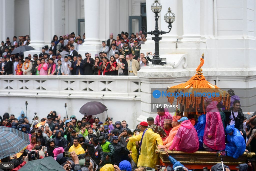 KATHMANDU, NEPAL, SEPTEMBER 25, 2026: Nepalese President Ram Chandra Paudel attends the main Indra Jatra celebrations at Hanuman Dhoka Durbar Square in Kathmandu as ceremonial chariots carrying the Living Goddess Kumari and the deities Ganesh and Bhairav begin their procession through the historic city. Vice President Ram Sahaya Prasad Yadav, Acting Prime Minister and Finance Minister Swarnim Wagle, Speaker Dol Prasad Aryal, National Assembly Chair Narayan Prasad Dahal, Chief Justice Manoj Kumar Sharma and other senior officials also attended the celebrations. Indra Jatra is one of Kathmandu Valley’s major religious and cultural festivals and features chariot processions, traditional dances and rituals associated with the Newar community. Photo by Safal Prakash Shrestha / JNA Press. (Photo by Safal Prakash Shrestha/JNA Press via Nexpher Images)