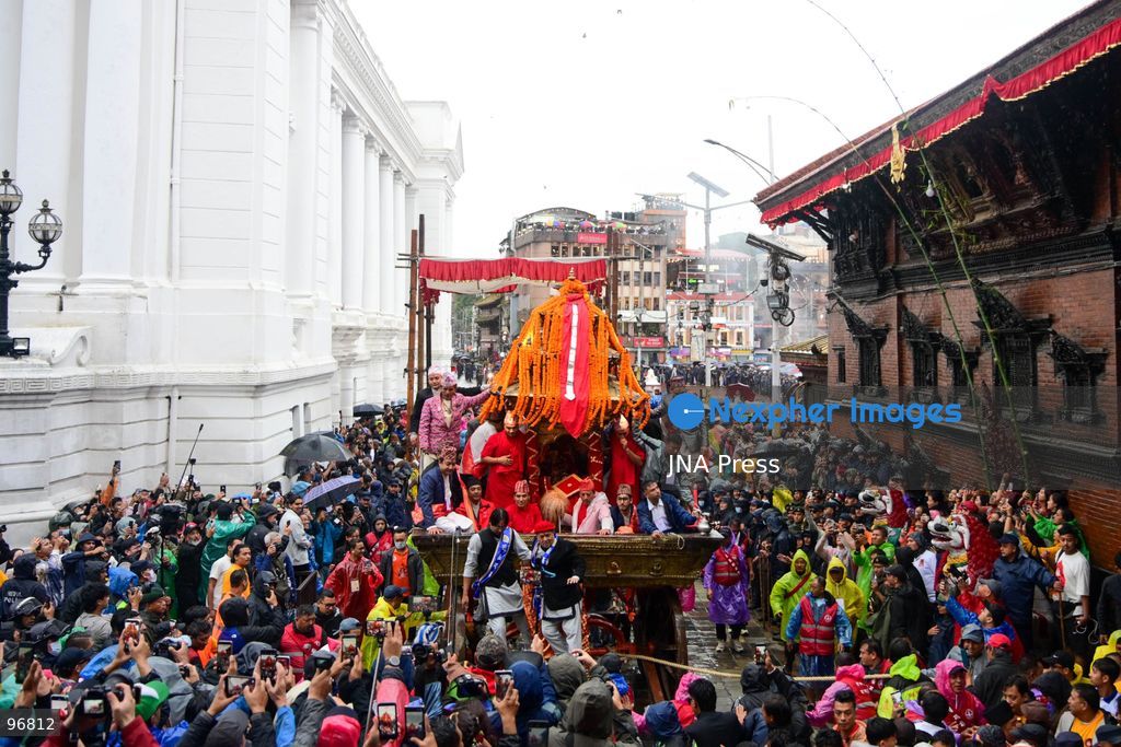 KATHMANDU, NEPAL, SEPTEMBER 25, 2026: Nepalese President Ram Chandra Paudel attends the main Indra Jatra celebrations at Hanuman Dhoka Durbar Square in Kathmandu as ceremonial chariots carrying the Living Goddess Kumari and the deities Ganesh and Bhairav begin their procession through the historic city. Vice President Ram Sahaya Prasad Yadav, Acting Prime Minister and Finance Minister Swarnim Wagle, Speaker Dol Prasad Aryal, National Assembly Chair Narayan Prasad Dahal, Chief Justice Manoj Kumar Sharma and other senior officials also attended the celebrations. Indra Jatra is one of Kathmandu Valley’s major religious and cultural festivals and features chariot processions, traditional dances and rituals associated with the Newar community. Photo by Safal Prakash Shrestha / JNA Press. (Photo by Safal Prakash Shrestha/JNA Press via Nexpher Images)