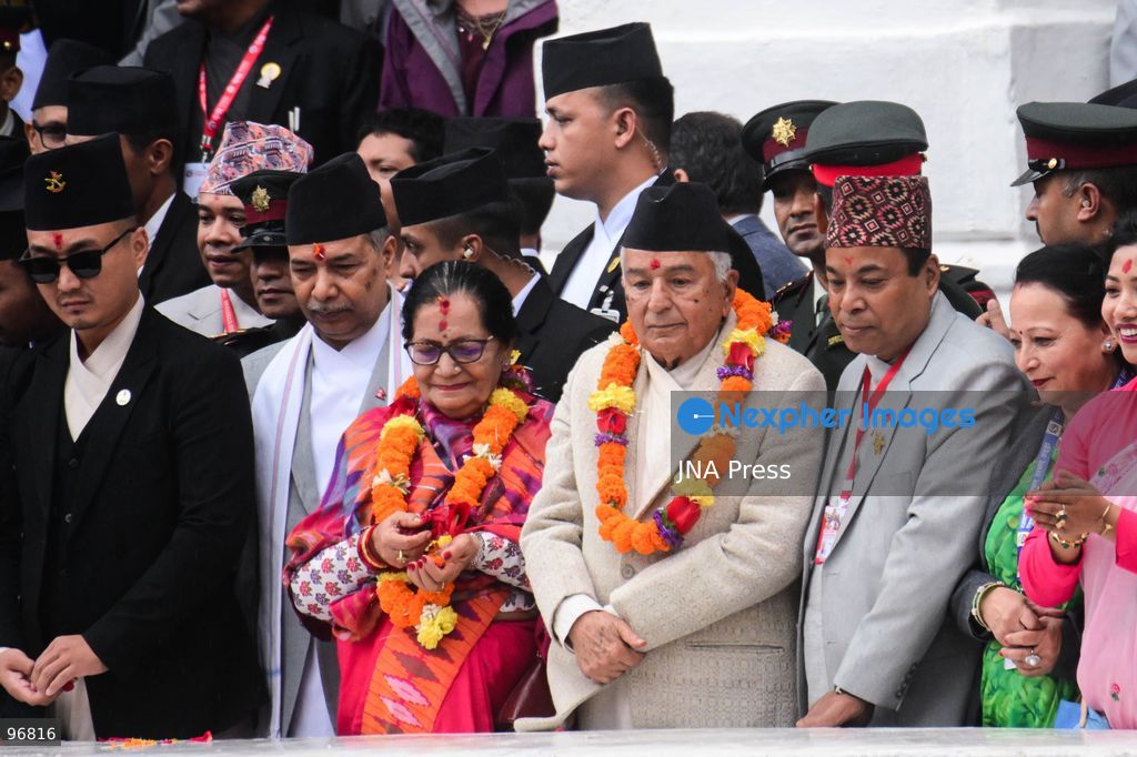 KATHMANDU, NEPAL, SEPTEMBER 25, 2026: Nepalese President Ram Chandra Paudel attends the main Indra Jatra celebrations at Hanuman Dhoka Durbar Square in Kathmandu as ceremonial chariots carrying the Living Goddess Kumari and the deities Ganesh and Bhairav begin their procession through the historic city. Vice President Ram Sahaya Prasad Yadav, Acting Prime Minister and Finance Minister Swarnim Wagle, Speaker Dol Prasad Aryal, National Assembly Chair Narayan Prasad Dahal, Chief Justice Manoj Kumar Sharma and other senior officials also attended the celebrations. Indra Jatra is one of Kathmandu Valley’s major religious and cultural festivals and features chariot processions, traditional dances and rituals associated with the Newar community. Photo by Safal Prakash Shrestha / JNA Press. (Photo by Safal Prakash Shrestha/JNA Press via Nexpher Images)