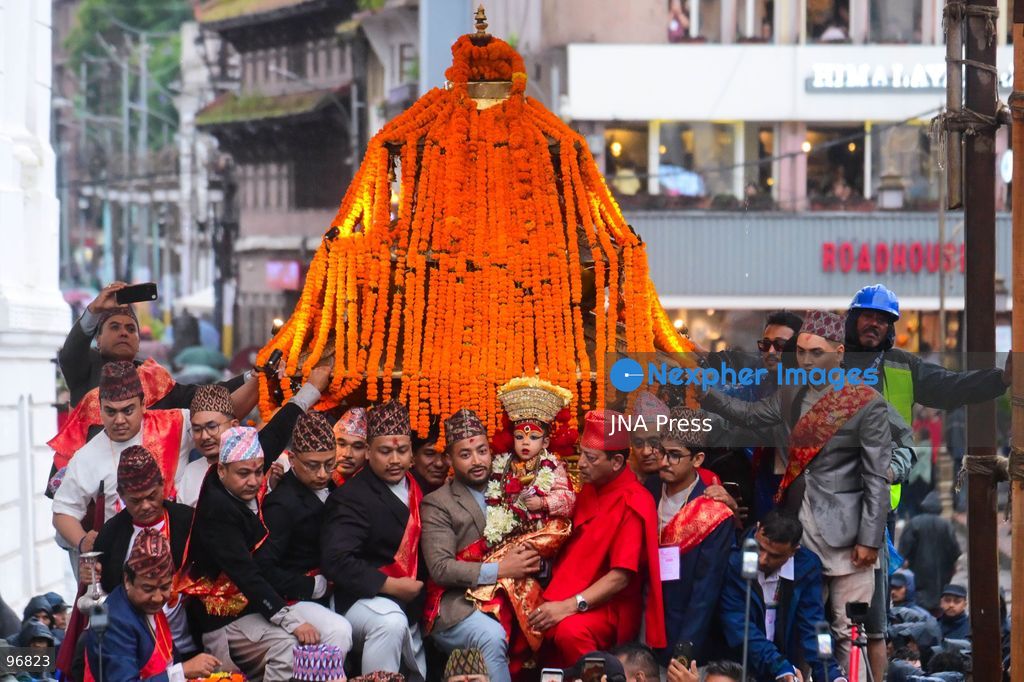 KATHMANDU, NEPAL, SEPTEMBER 25, 2026: Nepalese President Ram Chandra Paudel attends the main Indra Jatra celebrations at Hanuman Dhoka Durbar Square in Kathmandu as ceremonial chariots carrying the Living Goddess Kumari and the deities Ganesh and Bhairav begin their procession through the historic city. Vice President Ram Sahaya Prasad Yadav, Acting Prime Minister and Finance Minister Swarnim Wagle, Speaker Dol Prasad Aryal, National Assembly Chair Narayan Prasad Dahal, Chief Justice Manoj Kumar Sharma and other senior officials also attended the celebrations. Indra Jatra is one of Kathmandu Valley’s major religious and cultural festivals and features chariot processions, traditional dances and rituals associated with the Newar community. Photo by Safal Prakash Shrestha / JNA Press. (Photo by Safal Prakash Shrestha/JNA Press via Nexpher Images)