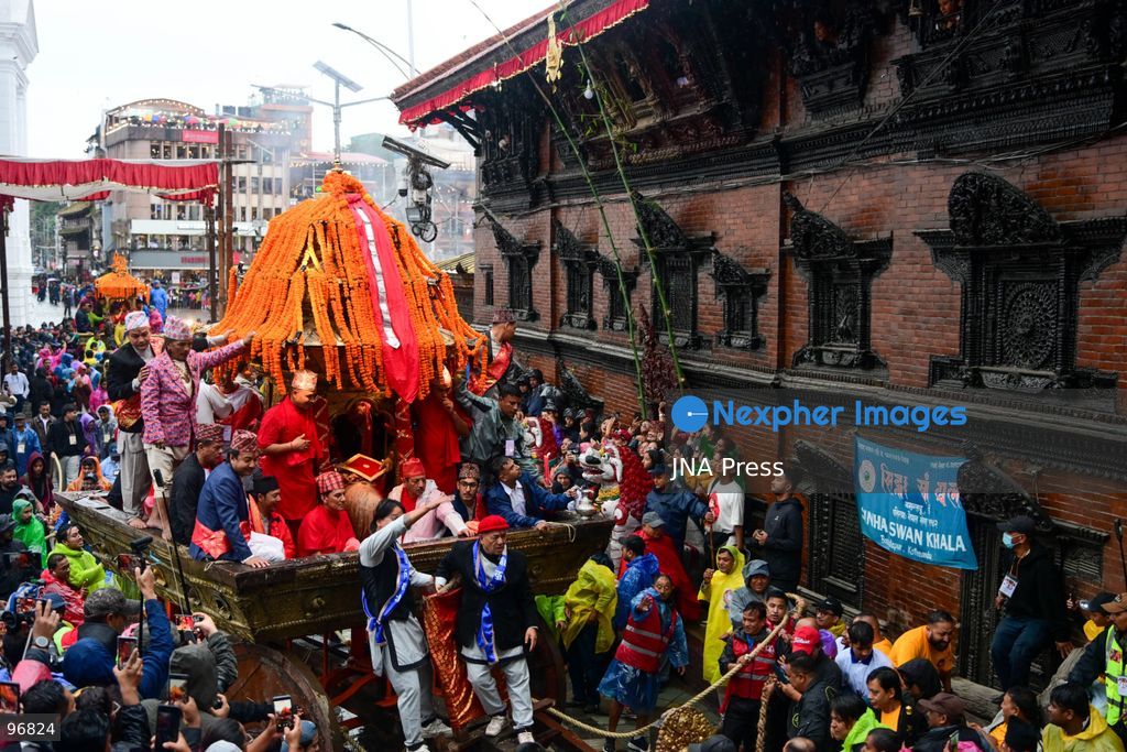 KATHMANDU, NEPAL, SEPTEMBER 25, 2026: Nepalese President Ram Chandra Paudel attends the main Indra Jatra celebrations at Hanuman Dhoka Durbar Square in Kathmandu as ceremonial chariots carrying the Living Goddess Kumari and the deities Ganesh and Bhairav begin their procession through the historic city. Vice President Ram Sahaya Prasad Yadav, Acting Prime Minister and Finance Minister Swarnim Wagle, Speaker Dol Prasad Aryal, National Assembly Chair Narayan Prasad Dahal, Chief Justice Manoj Kumar Sharma and other senior officials also attended the celebrations. Indra Jatra is one of Kathmandu Valley’s major religious and cultural festivals and features chariot processions, traditional dances and rituals associated with the Newar community. Photo by Safal Prakash Shrestha / JNA Press. (Photo by Safal Prakash Shrestha/JNA Press via Nexpher Images)