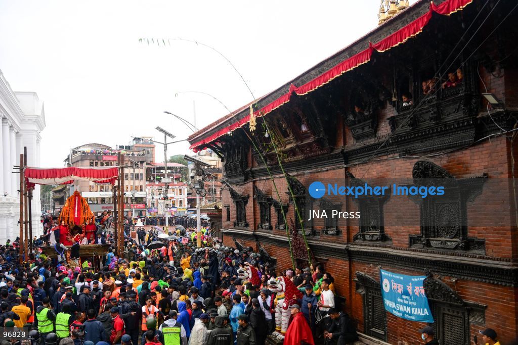 KATHMANDU, NEPAL, SEPTEMBER 25, 2026: Nepalese President Ram Chandra Paudel attends the main Indra Jatra celebrations at Hanuman Dhoka Durbar Square in Kathmandu as ceremonial chariots carrying the Living Goddess Kumari and the deities Ganesh and Bhairav begin their procession through the historic city. Vice President Ram Sahaya Prasad Yadav, Acting Prime Minister and Finance Minister Swarnim Wagle, Speaker Dol Prasad Aryal, National Assembly Chair Narayan Prasad Dahal, Chief Justice Manoj Kumar Sharma and other senior officials also attended the celebrations. Indra Jatra is one of Kathmandu Valley’s major religious and cultural festivals and features chariot processions, traditional dances and rituals associated with the Newar community. Photo by Safal Prakash Shrestha / JNA Press. (Photo by Safal Prakash Shrestha/JNA Press via Nexpher Images)