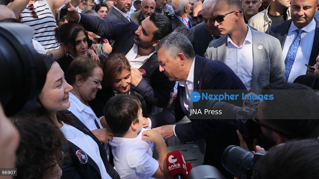 IZMIR, TURKEY, SEPTEMBER 26, 2026: New Party Chairman Özgür Özel addresses party members during district leadership primary elections in Izmir. Özel visited voting events in Gaziemir and Bornova as party members selected candidates for district leadership posts. Speaking in Gaziemir, Özel said he would step down if he fails to make his party the leading political force and bring it to power in the next general election. Photo by Turgay Kilic / JNA Press. (Photo by Turgay Kilic/JNA Press via Nexpher Images)