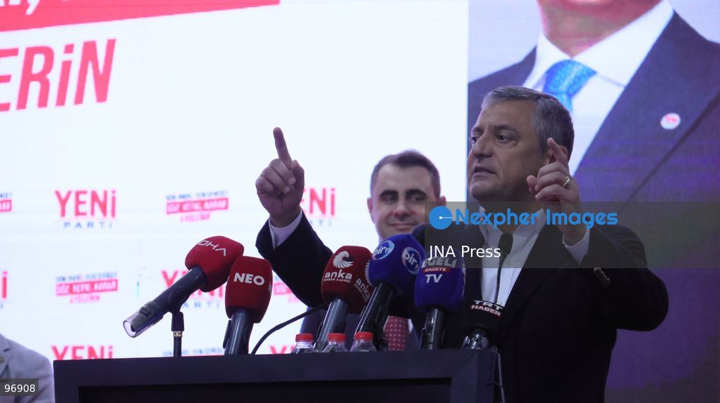 IZMIR, TURKEY, SEPTEMBER 26, 2026: New Party Chairman Özgür Özel addresses party members during district leadership primary elections in Izmir. Özel visited voting events in Gaziemir and Bornova as party members selected candidates for district leadership posts. Speaking in Gaziemir, Özel said he would step down if he fails to make his party the leading political force and bring it to power in the next general election. Photo by Turgay Kilic / JNA Press. (Photo by Turgay Kilic/JNA Press via Nexpher Images)
