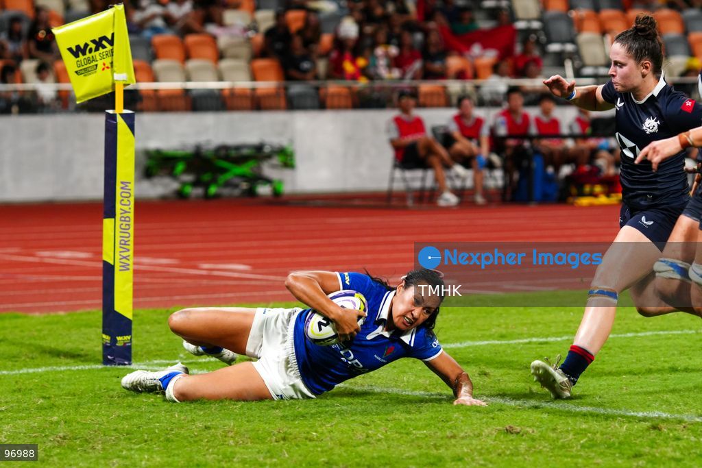 Hong Kong, China compete against Samoa in an intense passage of play during the third round of the WXV 3 rugby tournament at Kai Tak Youth Sports Ground on September 26, 2026 in Hong Kong. Despite Tanya Dhar scoring two tries in the first half, Hong Kong, China were defeated 12-31 by Samoa, finishing their campaign with one win and two losses in a match delayed by five hours due to extreme heat. (Photo by Zulu Lo/TMHK via Nexpher Images)