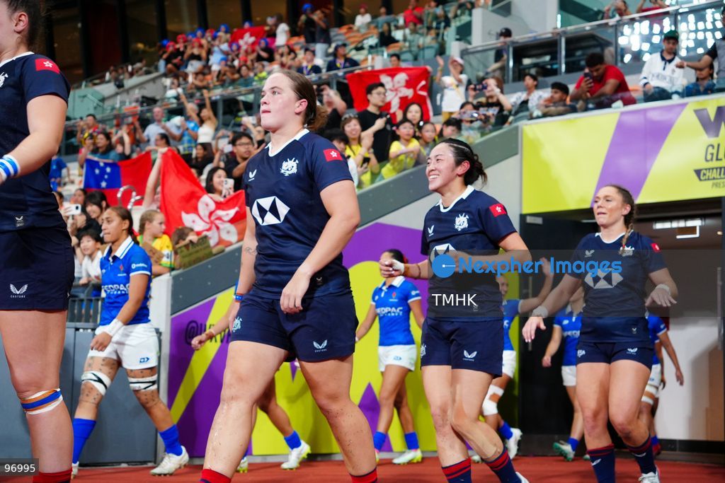 Players of Hong Kong, China and Samoa walk out of the tunnel and onto the pitch ahead of their WXV 3 global rugby tournament clash at Kai Tak Youth Sports Ground on September 26, 2026 in Hong Kong. The round three match commenced following a five-hour delay enforced under extreme heat safety guidelines, which also caused the cancellation of the subsequent fixture between Spain and Brazil. (Photo by Zulu Lo/TMHK via Nexpher Images)