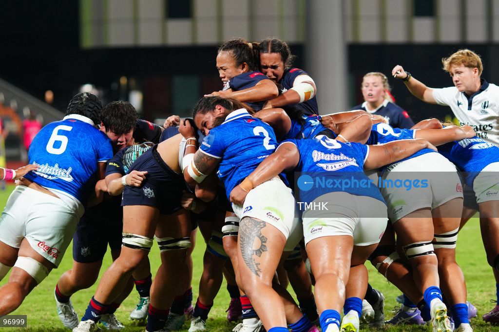 Hong Kong, China compete against Samoa in an intense passage of play during the third round of the WXV 3 rugby tournament at Kai Tak Youth Sports Ground on September 26, 2026 in Hong Kong. Despite Tanya Dhar scoring two tries in the first half, Hong Kong, China were defeated 12-31 by Samoa, finishing their campaign with one win and two losses in a match delayed by five hours due to extreme heat. (Photo by Zulu Lo/TMHK via Nexpher Images)