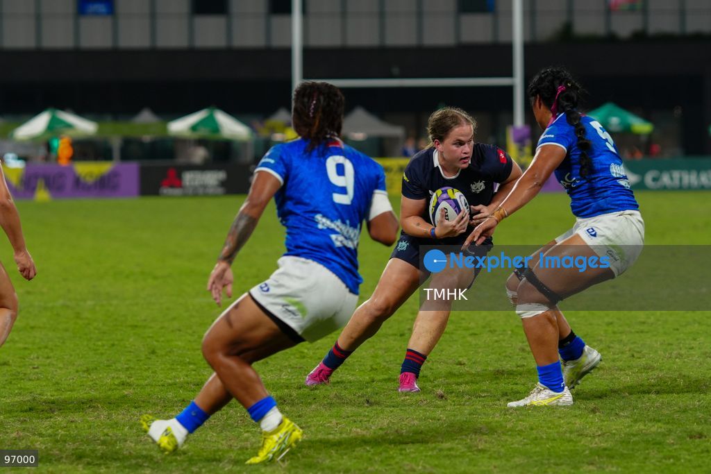 Hong Kong, China compete against Samoa in an intense passage of play during the third round of the WXV 3 rugby tournament at Kai Tak Youth Sports Ground on September 26, 2026 in Hong Kong. Despite Tanya Dhar scoring two tries in the first half, Hong Kong, China were defeated 12-31 by Samoa, finishing their campaign with one win and two losses in a match delayed by five hours due to extreme heat. (Photo by Zulu Lo/TMHK via Nexpher Images)