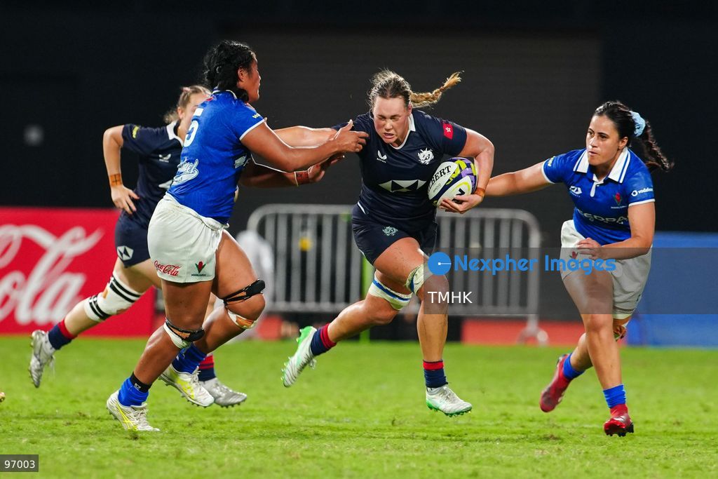 Hong Kong, China compete against Samoa in an intense passage of play during the third round of the WXV 3 rugby tournament at Kai Tak Youth Sports Ground on September 26, 2026 in Hong Kong. Despite Tanya Dhar scoring two tries in the first half, Hong Kong, China were defeated 12-31 by Samoa, finishing their campaign with one win and two losses in a match delayed by five hours due to extreme heat. (Photo by Zulu Lo/TMHK via Nexpher Images)