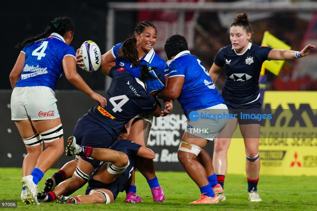 Hong Kong, China compete against Samoa in an intense passage of play during the third round of the WXV 3 rugby tournament at Kai Tak Youth Sports Ground on September 26, 2026 in Hong Kong. Despite Tanya Dhar scoring two tries in the first half, Hong Kong, China were defeated 12-31 by Samoa, finishing their campaign with one win and two losses in a match delayed by five hours due to extreme heat. (Photo by Zulu Lo/TMHK via Nexpher Images)