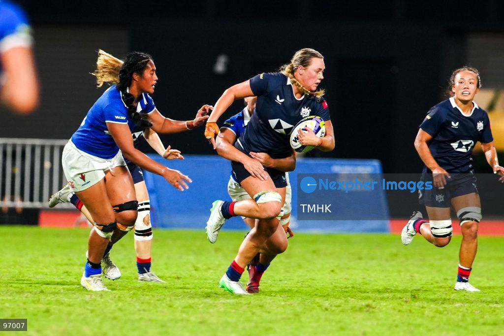 Hong Kong, China compete against Samoa in an intense passage of play during the third round of the WXV 3 rugby tournament at Kai Tak Youth Sports Ground on September 26, 2026 in Hong Kong. Despite Tanya Dhar scoring two tries in the first half, Hong Kong, China were defeated 12-31 by Samoa, finishing their campaign with one win and two losses in a match delayed by five hours due to extreme heat. (Photo by Zulu Lo/TMHK via Nexpher Images)
