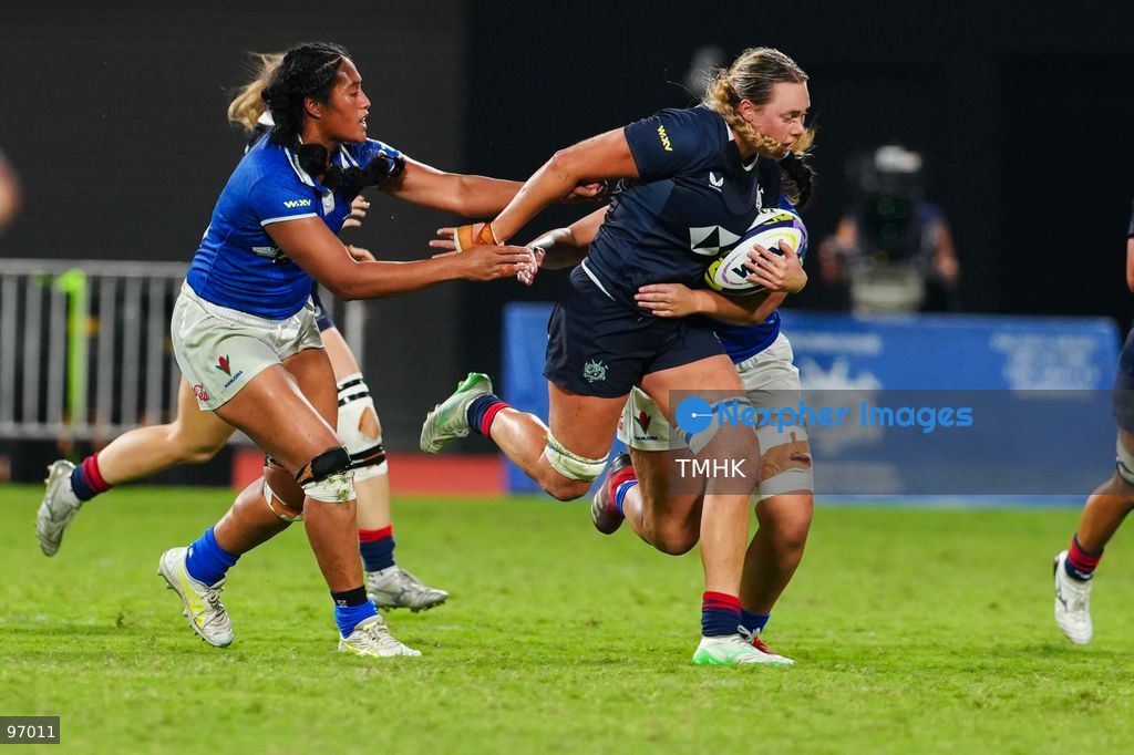 Hong Kong, China compete against Samoa in an intense passage of play during the third round of the WXV 3 rugby tournament at Kai Tak Youth Sports Ground on September 26, 2026 in Hong Kong. Despite Tanya Dhar scoring two tries in the first half, Hong Kong, China were defeated 12-31 by Samoa, finishing their campaign with one win and two losses in a match delayed by five hours due to extreme heat. (Photo by Zulu Lo/TMHK via Nexpher Images)