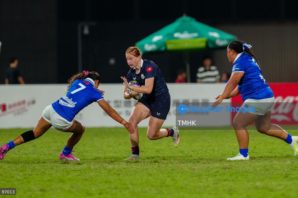 Hong Kong, China compete against Samoa in an intense passage of play during the third round of the WXV 3 rugby tournament at Kai Tak Youth Sports Ground on September 26, 2026 in Hong Kong. Despite Tanya Dhar scoring two tries in the first half, Hong Kong, China were defeated 12-31 by Samoa, finishing their campaign with one win and two losses in a match delayed by five hours due to extreme heat. (Photo by Zulu Lo/TMHK via Nexpher Images)