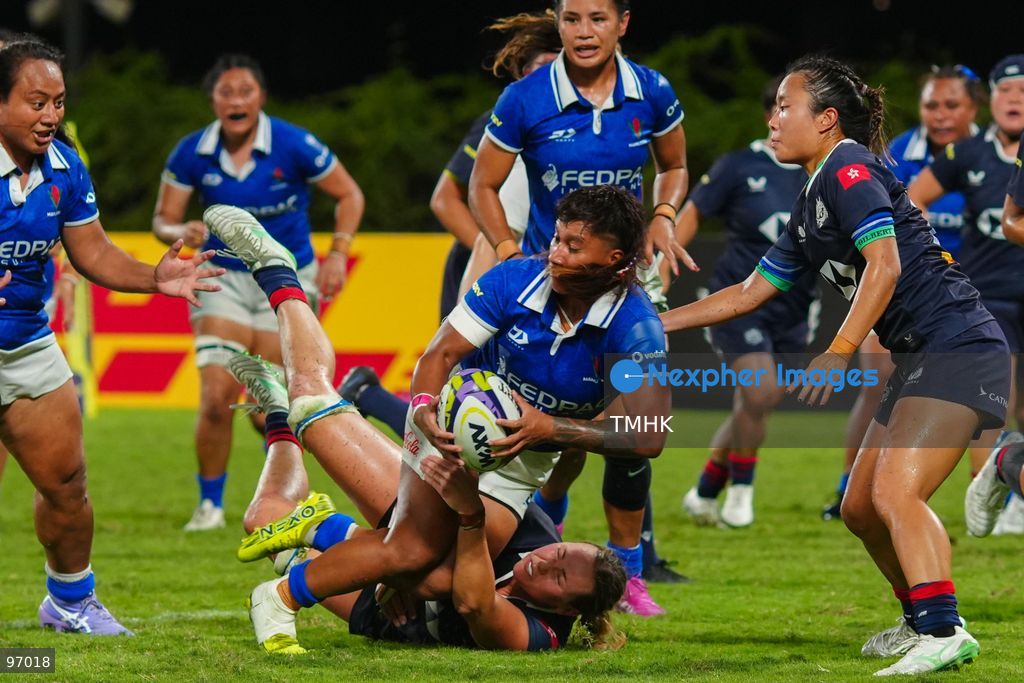 Hong Kong, China compete against Samoa in an intense passage of play during the third round of the WXV 3 rugby tournament at Kai Tak Youth Sports Ground on September 26, 2026 in Hong Kong. Despite Tanya Dhar scoring two tries in the first half, Hong Kong, China were defeated 12-31 by Samoa, finishing their campaign with one win and two losses in a match delayed by five hours due to extreme heat. (Photo by Zulu Lo/TMHK via Nexpher Images)