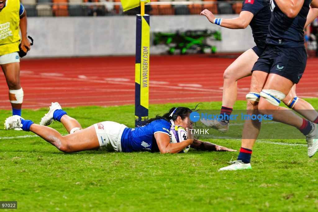 Hong Kong, China compete against Samoa in an intense passage of play during the third round of the WXV 3 rugby tournament at Kai Tak Youth Sports Ground on September 26, 2026 in Hong Kong. Despite Tanya Dhar scoring two tries in the first half, Hong Kong, China were defeated 12-31 by Samoa, finishing their campaign with one win and two losses in a match delayed by five hours due to extreme heat. (Photo by Zulu Lo/TMHK via Nexpher Images)