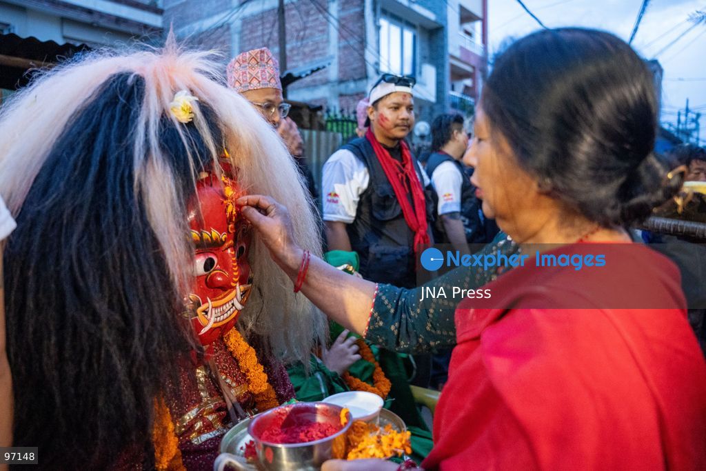 LALITPUR, NEPAL, SEPTEMBER 26, 2026: A performer takes part in the traditional Mipwa Lakhe dance at Gusingal Chowk in Lalitpur during celebrations for Indra Jatra. The Lakhe was taken in procession through several neighborhoods following the distribution of prasad to devotees at Hathu Dyo. The Mipwa Lakhe tradition is distinguished by a performance in which the masked dancer blows fire from a burning torch. Photo by Ghanashyam Shrestha / JNA Press. (Photo by Ghanashyam Shrestha/JNA Press via Nexpher Images)