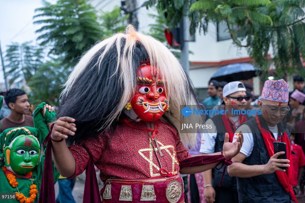 LALITPUR, NEPAL, SEPTEMBER 26, 2026: A performer takes part in the traditional Mipwa Lakhe dance at Gusingal Chowk in Lalitpur during celebrations for Indra Jatra. The Lakhe was taken in procession through several neighborhoods following the distribution of prasad to devotees at Hathu Dyo. The Mipwa Lakhe tradition is distinguished by a performance in which the masked dancer blows fire from a burning torch. Photo by Ghanashyam Shrestha / JNA Press. (Photo by Ghanashyam Shrestha/JNA Press via Nexpher Images)