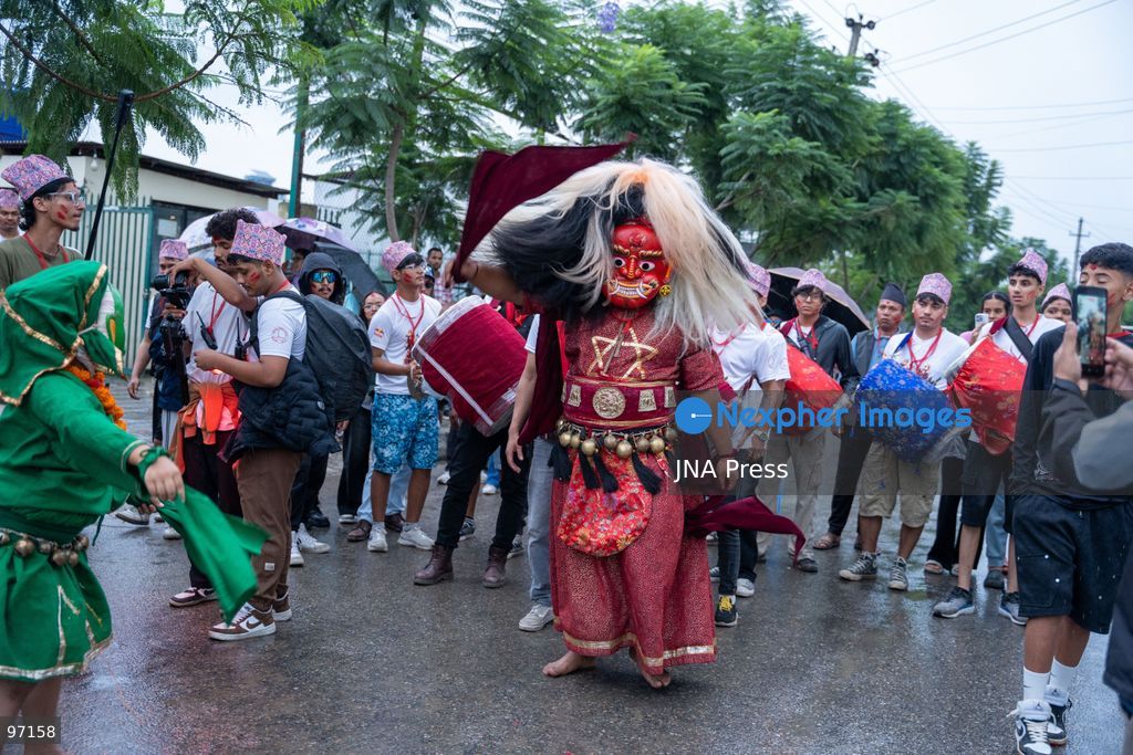 LALITPUR, NEPAL, SEPTEMBER 26, 2026: A performer takes part in the traditional Mipwa Lakhe dance at Gusingal Chowk in Lalitpur during celebrations for Indra Jatra. The Lakhe was taken in procession through several neighborhoods following the distribution of prasad to devotees at Hathu Dyo. The Mipwa Lakhe tradition is distinguished by a performance in which the masked dancer blows fire from a burning torch. Photo by Ghanashyam Shrestha / JNA Press. (Photo by Ghanashyam Shrestha/JNA Press via Nexpher Images)