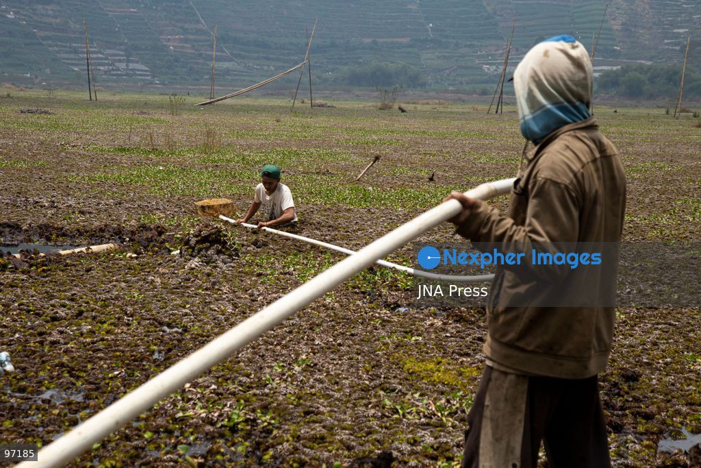 BANJARNEGARA, CENTRAL JAVA, INDONESIA, SEPTEMBER 26, 2026: Farmers use diesel-powered pumps and long hoses to draw water from Telaga Merdada for nearby farmland in Banjarnegara Regency, Central Java. The water level at the lake has dropped by approximately three meters over the past three months, increasing the need for farmers to pump water to irrigate agricultural land. Photo by Topen Anggara/ JNA Press. (Photo by Topen Anggara Saputra/JNA Press via Nexpher Images)