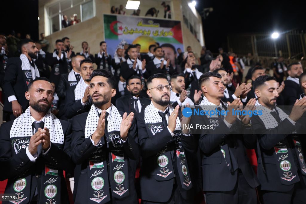DURA, OCCUPIED WEST BANK, SEPTEMBER 26, 2026: Forty-four Palestinian brides and grooms take part in a mass wedding ceremony in Dura, south of Hebron, with participants wearing traditional Palestinian clothing. Dura Mayor Muhannad Amro said the collective wedding was organized to support couples facing difficult economic conditions amid the continuing impact of the war that began in October 2023. Photo by Mosab Shawer / JNA Press. (Photo by Mosab shawer/JNA Press via Nexpher Images)