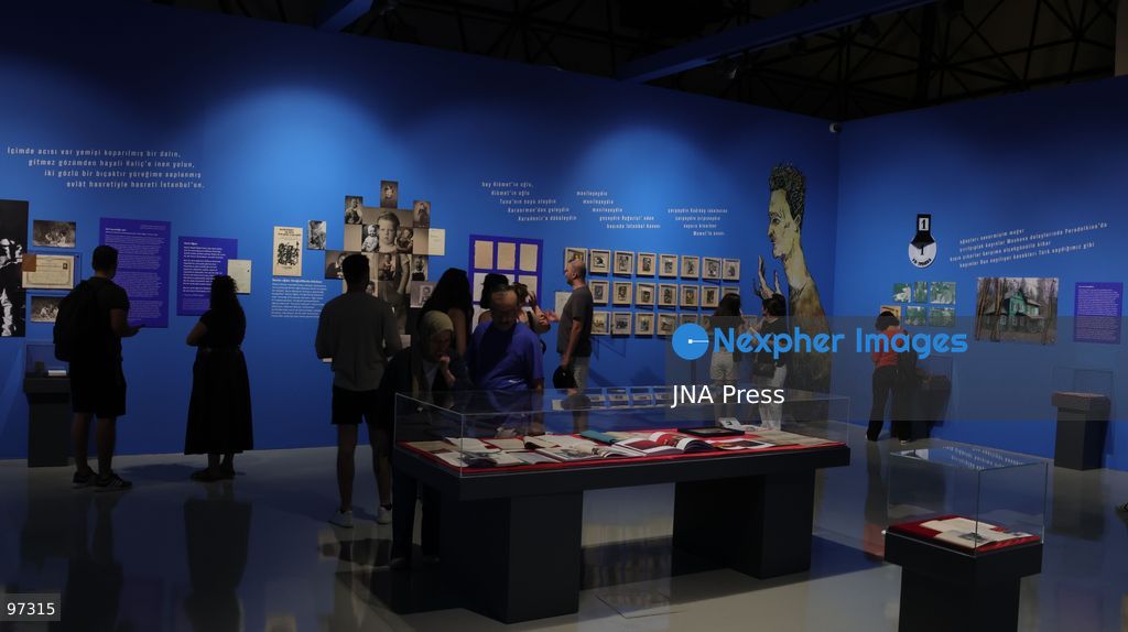 IZMIR, TURKEY, SEPTEMBER 26, 2026: Visitors explore “ROMANTİKA / Bir Ömrün Seyrüseferi,” an exhibition dedicated to Turkish poet and writer Nazım Hikmet at the Atlas Pavilion in Kültürpark, Izmir. The exhibition brings together hundreds of documents, manuscripts, photographs, books, personal belongings and audiovisual materials tracing Hikmet’s life, literary work and cultural legacy. Hosted by Izmir Metropolitan Municipality and produced by Folkart, the exhibition opened on September 5 and is scheduled to remain on display until January 15, 2027. Photo by Turgay Kilic / JNA Press. (Photo by Turgay Kilic/JNA Press via Nexpher Images)