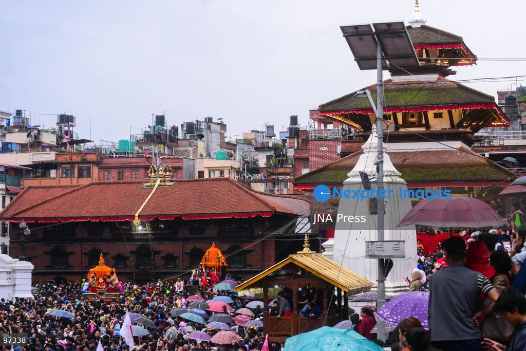 KATHMANDU, NEPAL, SEPTEMBER 26, 2026: Devotees pull chariots carrying Living Goddess Kumari Aryatara Shakya and the living deities Ganesh and Bhairav through the historic streets of Kathmandu during Thaneyā, the second chariot procession of the annual Indra Jatra festival. Large crowds gathered along the northern route of the old city as the three living deities were carried through areas including Asan and Indra Chowk. The celebrations also featured traditional masked dances, Newar music and public displays of deities including Swet Bhairab and Akash Bhairab. This year marks Aryatara Shakya’s first Indra Jatra as Kathmandu’s Living Goddess Kumari. Photo by Safal Prakash Shrestha / JNA Press. (Photo by Safal Prakash Shrestha/JNA Press via Nexpher Images)