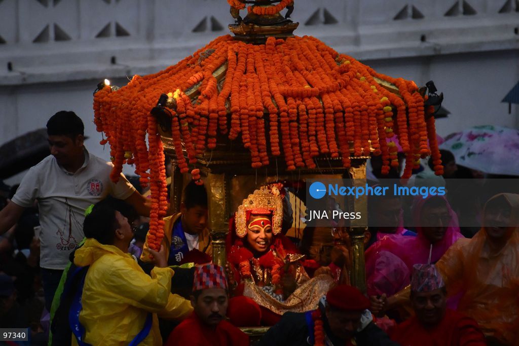 KATHMANDU, NEPAL, SEPTEMBER 26, 2026: Devotees pull chariots carrying Living Goddess Kumari Aryatara Shakya and the living deities Ganesh and Bhairav through the historic streets of Kathmandu during Thaneyā, the second chariot procession of the annual Indra Jatra festival. Large crowds gathered along the northern route of the old city as the three living deities were carried through areas including Asan and Indra Chowk. The celebrations also featured traditional masked dances, Newar music and public displays of deities including Swet Bhairab and Akash Bhairab. This year marks Aryatara Shakya’s first Indra Jatra as Kathmandu’s Living Goddess Kumari. Photo by Safal Prakash Shrestha / JNA Press. (Photo by Safal Prakash Shrestha/JNA Press via Nexpher Images)