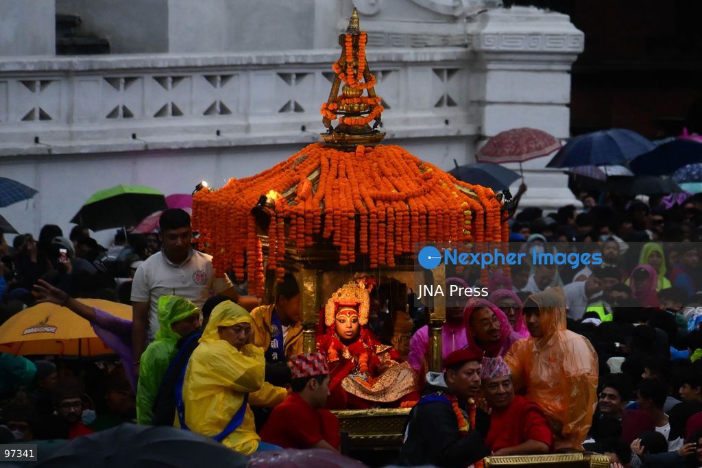 KATHMANDU, NEPAL, SEPTEMBER 26, 2026: Devotees pull chariots carrying Living Goddess Kumari Aryatara Shakya and the living deities Ganesh and Bhairav through the historic streets of Kathmandu during Thaneyā, the second chariot procession of the annual Indra Jatra festival. Large crowds gathered along the northern route of the old city as the three living deities were carried through areas including Asan and Indra Chowk. The celebrations also featured traditional masked dances, Newar music and public displays of deities including Swet Bhairab and Akash Bhairab. This year marks Aryatara Shakya’s first Indra Jatra as Kathmandu’s Living Goddess Kumari. Photo by Safal Prakash Shrestha / JNA Press. (Photo by Safal Prakash Shrestha/JNA Press via Nexpher Images)