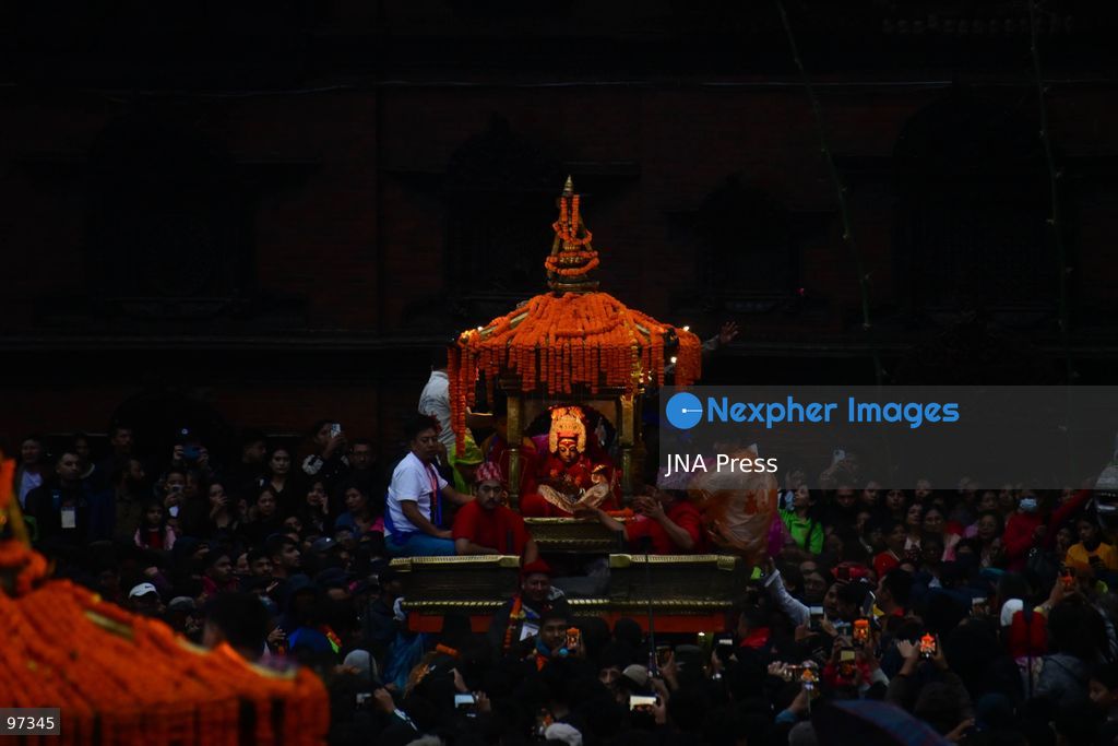 KATHMANDU, NEPAL, SEPTEMBER 26, 2026: Devotees pull chariots carrying Living Goddess Kumari Aryatara Shakya and the living deities Ganesh and Bhairav through the historic streets of Kathmandu during Thaneyā, the second chariot procession of the annual Indra Jatra festival. Large crowds gathered along the northern route of the old city as the three living deities were carried through areas including Asan and Indra Chowk. The celebrations also featured traditional masked dances, Newar music and public displays of deities including Swet Bhairab and Akash Bhairab. This year marks Aryatara Shakya’s first Indra Jatra as Kathmandu’s Living Goddess Kumari. Photo by Safal Prakash Shrestha / JNA Press. (Photo by Safal Prakash Shrestha/JNA Press via Nexpher Images)