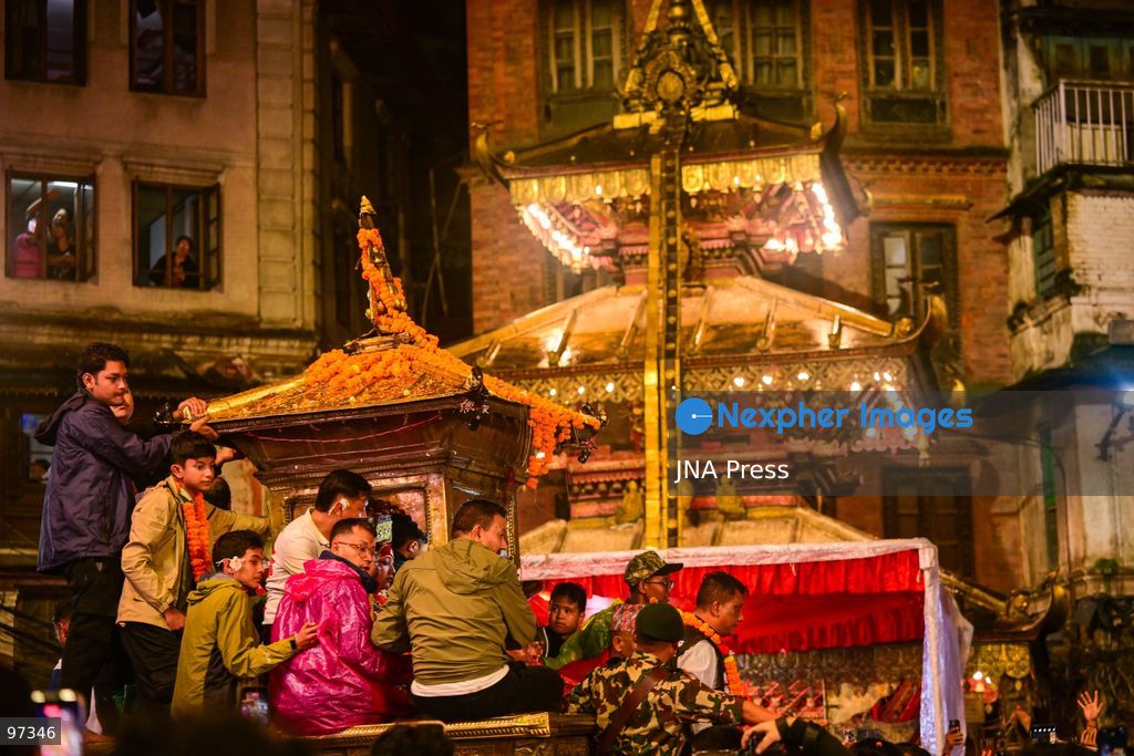 KATHMANDU, NEPAL, SEPTEMBER 26, 2026: Devotees pull chariots carrying Living Goddess Kumari Aryatara Shakya and the living deities Ganesh and Bhairav through the historic streets of Kathmandu during Thaneyā, the second chariot procession of the annual Indra Jatra festival. Large crowds gathered along the northern route of the old city as the three living deities were carried through areas including Asan and Indra Chowk. The celebrations also featured traditional masked dances, Newar music and public displays of deities including Swet Bhairab and Akash Bhairab. This year marks Aryatara Shakya’s first Indra Jatra as Kathmandu’s Living Goddess Kumari. Photo by Safal Prakash Shrestha / JNA Press. (Photo by Safal Prakash Shrestha/JNA Press via Nexpher Images)